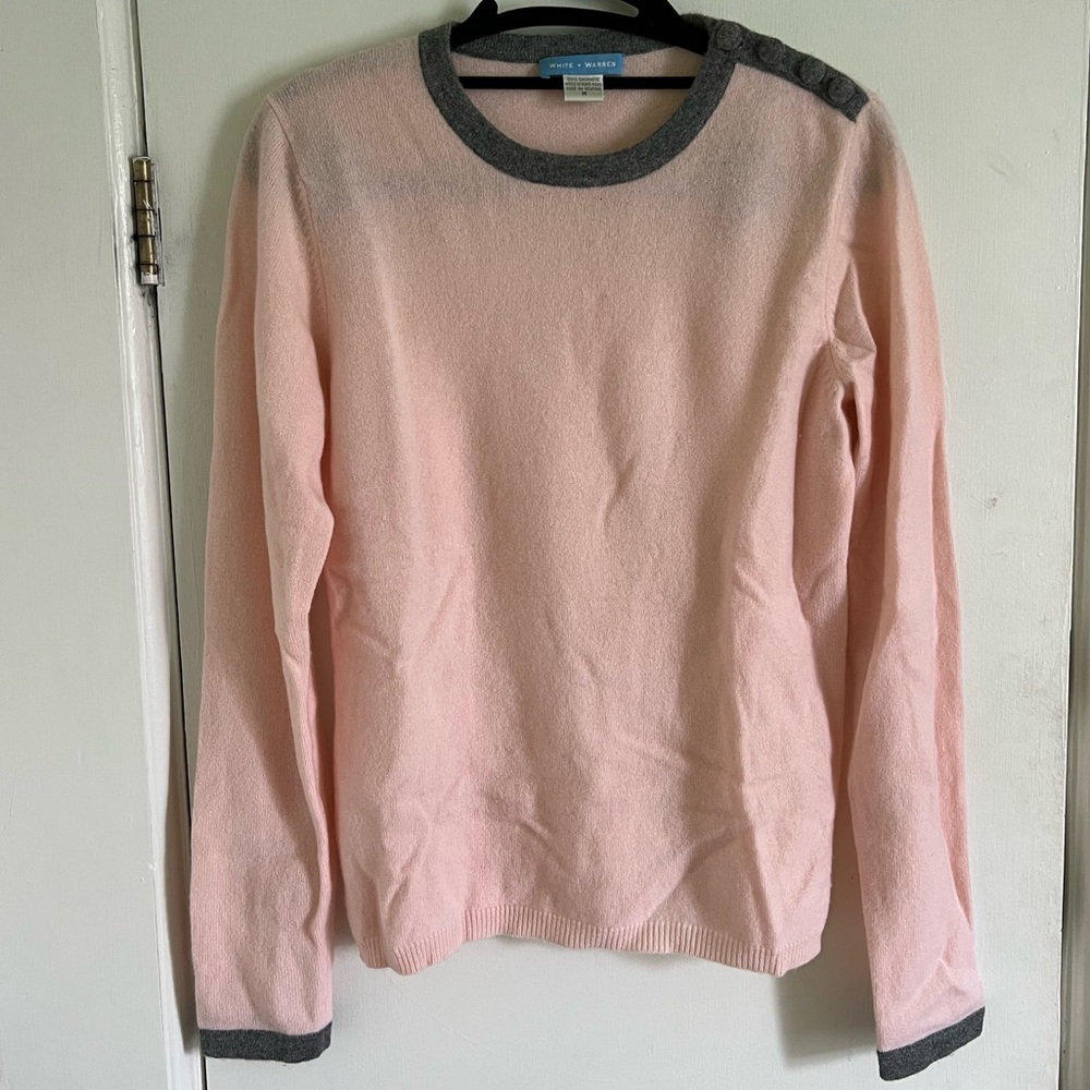 White and Warren pink cashmere grey button sweater M medium